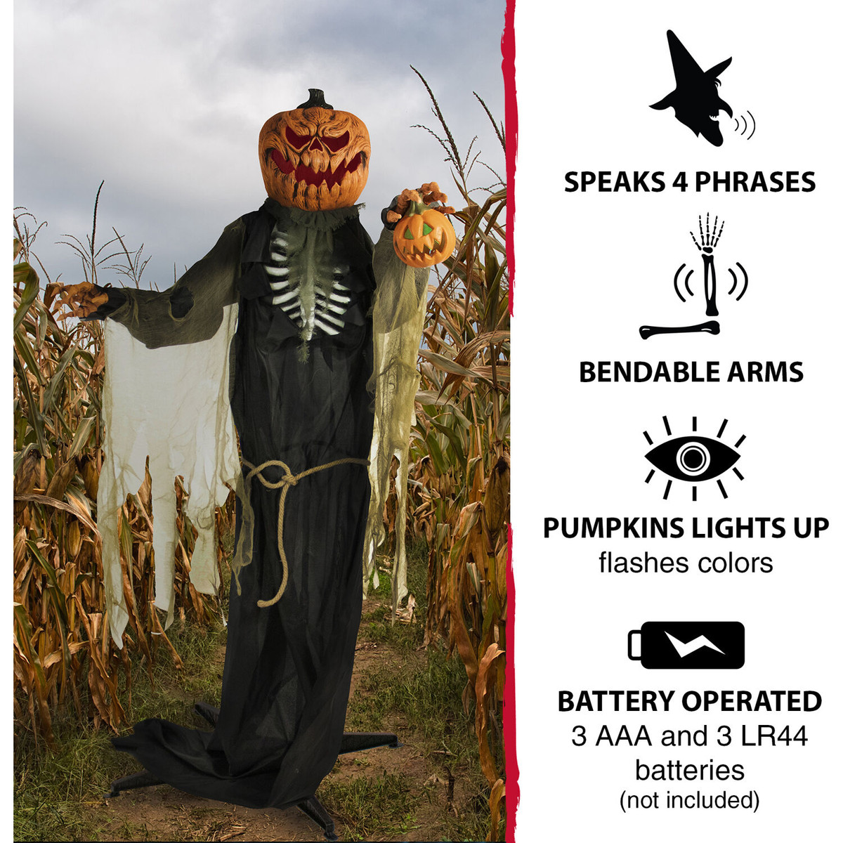 Haunted Hill Farm Life-Size Animatronic Pumpkin Man, Indoor/Outdoor Halloween Decoration, Light-up Colorful Head, Talking, Battery-Operated