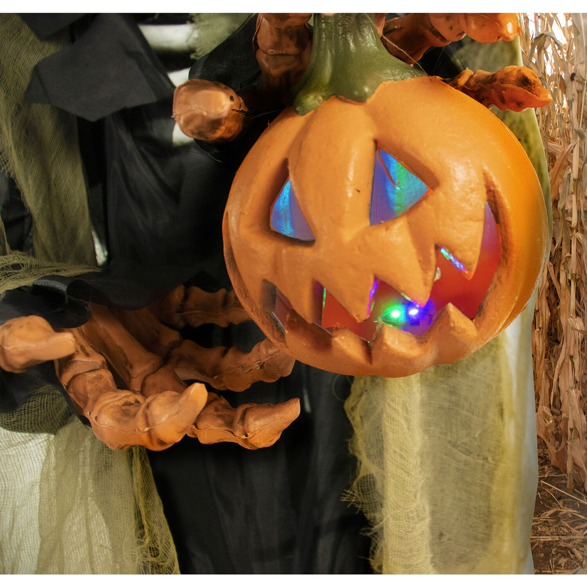 Haunted Hill Farm Life-Size Animatronic Pumpkin Man, Indoor/Outdoor Halloween Decoration, Light-up Colorful Head, Talking, Battery-Operated