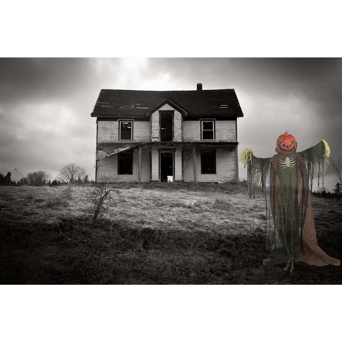 Haunted Hill Farm Life-Size Animatronic Scarecrow, Indoor/Outdoor Halloween Decoration, Flashing Colorful Eyes, Poseable, Battery-Operated