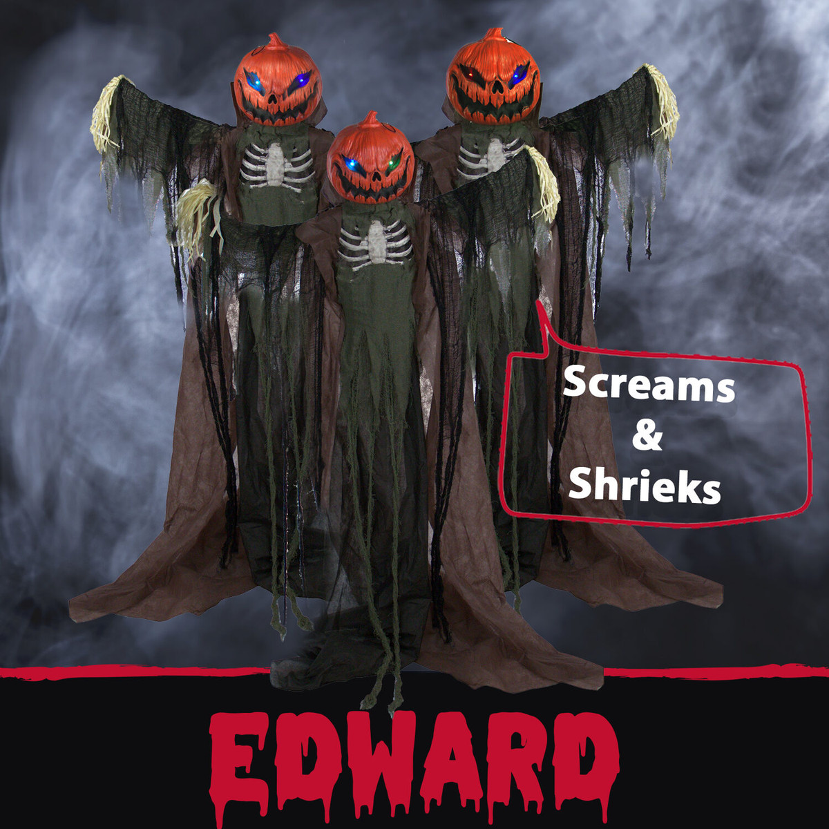 Haunted Hill Farm Life-Size Animatronic Scarecrow, Indoor/Outdoor Halloween Decoration, Flashing Colorful Eyes, Poseable, Battery-Operated