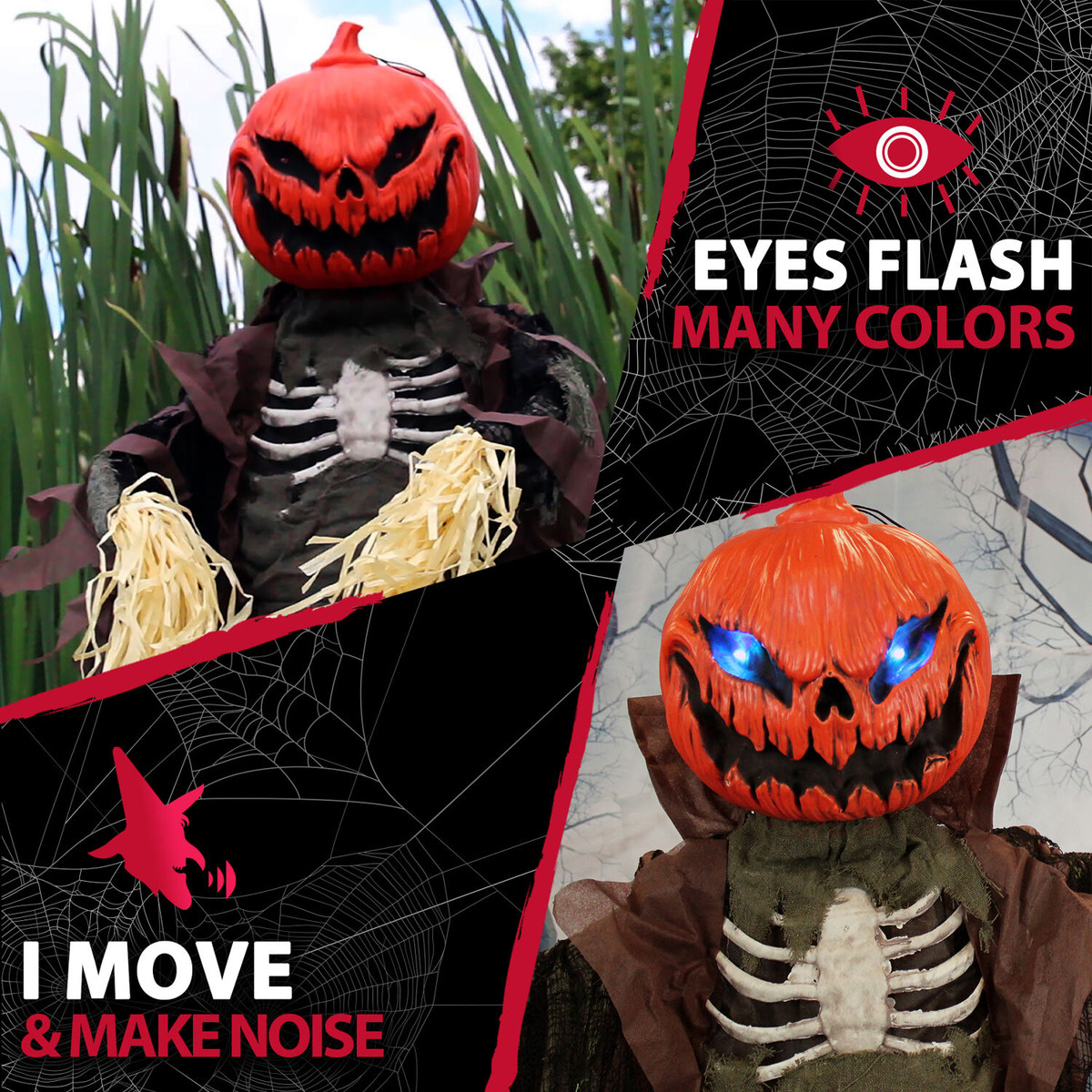Haunted Hill Farm Life-Size Animatronic Scarecrow, Indoor/Outdoor Halloween Decoration, Flashing Colorful Eyes, Poseable, Battery-Operated
