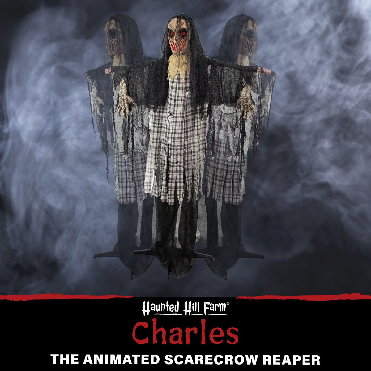 Haunted Hill Farm 70-In. Charles the Animated Scarecrow Reaper, Indoor or Covered Outdoor Halloween Decoration, Battery Operated