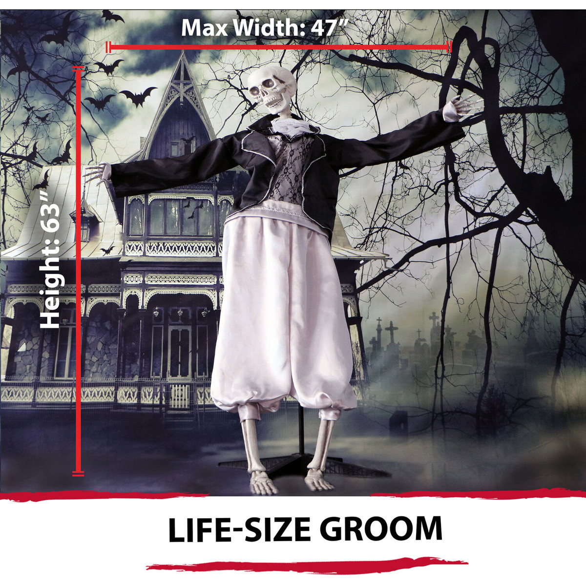 Haunted Hill Farm 63-In. Bones the Talking Skeleton Groom, Indoor or Covered Outdoor Halloween Decoration, Light-Up Eyes, Battery-Operated