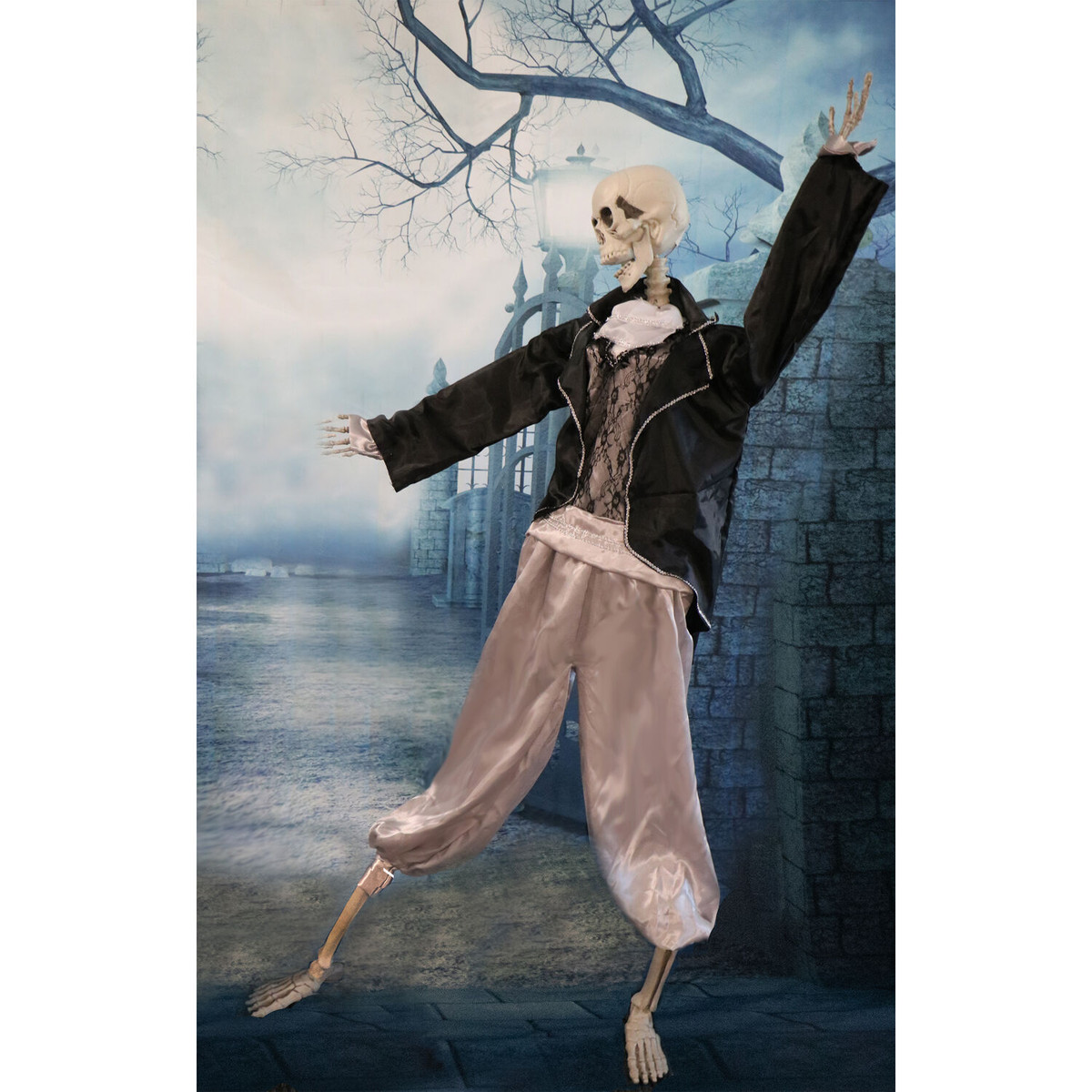 Haunted Hill Farm 63-In. Bones the Talking Skeleton Groom, Indoor or Covered Outdoor Halloween Decoration, Light-Up Eyes, Battery-Operated