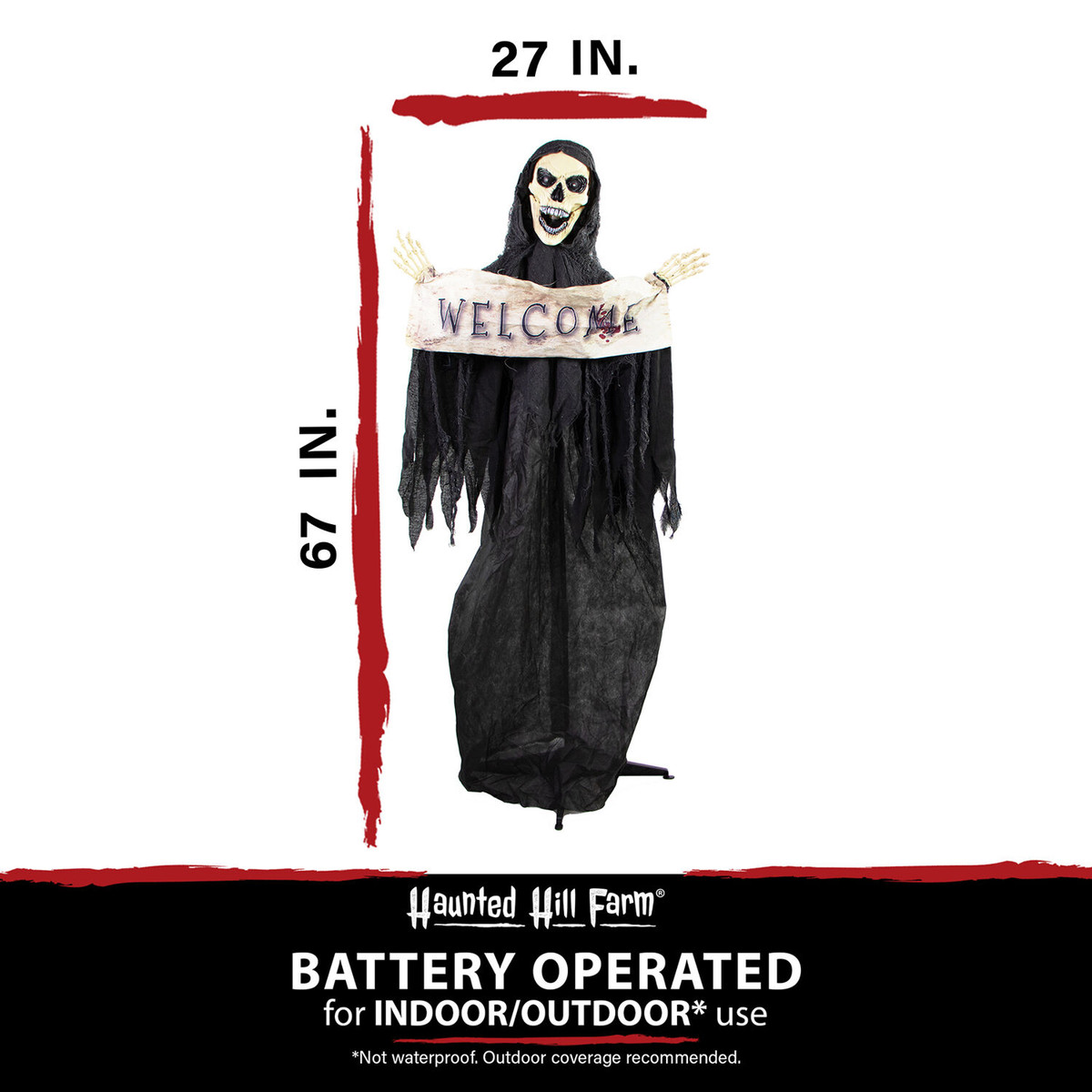 Haunted Hill Farm 67-In. Azrail the Animated Welcome Reaper, Indoor or Covered Outdoor Halloween Decoration, Battery Operated