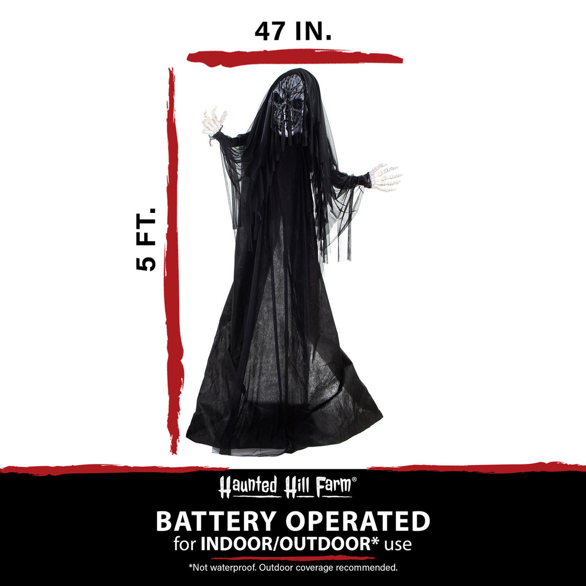 Haunted Hill Farm 5-Ft. Shakey the Animated Reaching Reaper, Indoor or Covered Outdoor Halloween Decoration, Battery Operated