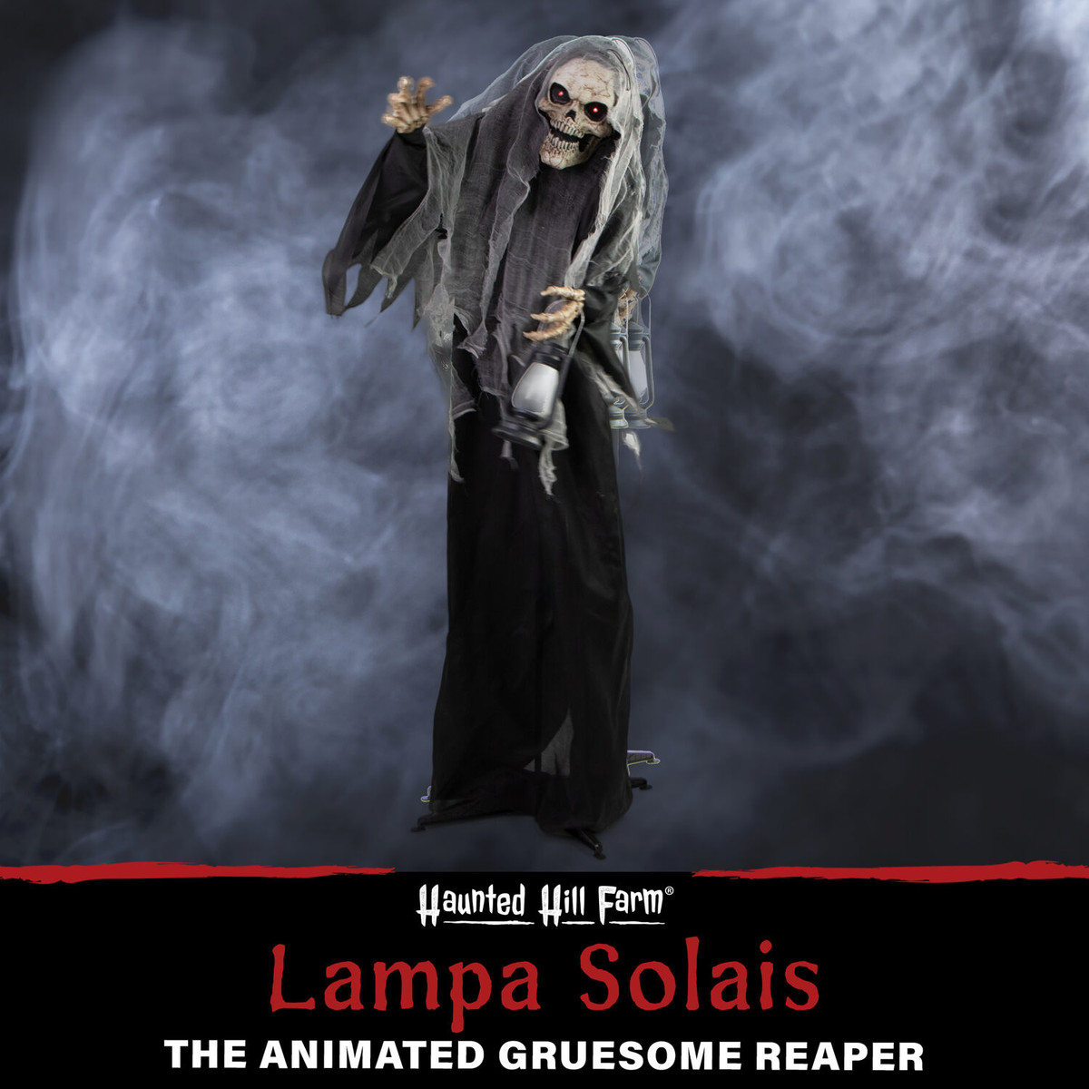 Haunted Hill Farm 71-In. Lampa Solais the Animated Gruesome Reaper w/ Lantern, Indoor or Covered Outdoor Halloween Decoration, Battery Operated