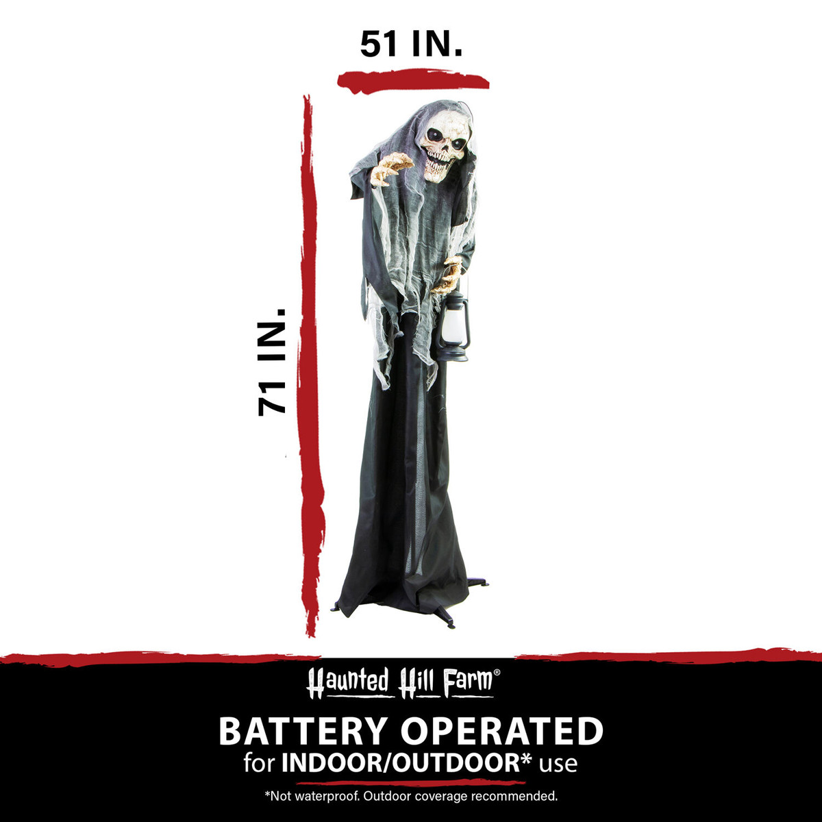 Haunted Hill Farm 71-In. Lampa Solais the Animated Gruesome Reaper w/ Lantern, Indoor or Covered Outdoor Halloween Decoration, Battery Operated