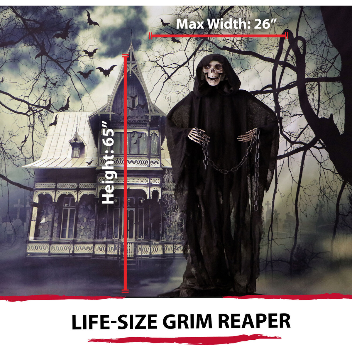 Haunted Hill Farm Shackles the Grim Reaper with Chain and Rotating Head, Indoor or Covered Outdoor Halloween Decoration, Battery-Operated