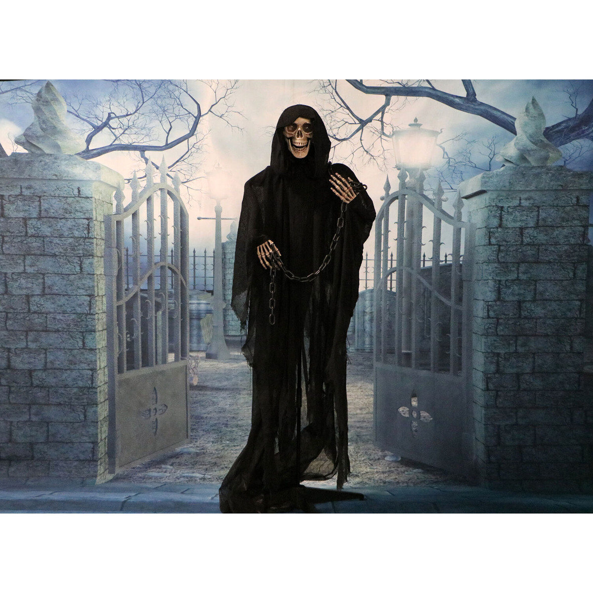 Haunted Hill Farm Shackles the Grim Reaper with Chain and Rotating Head, Indoor or Covered Outdoor Halloween Decoration, Battery-Operated