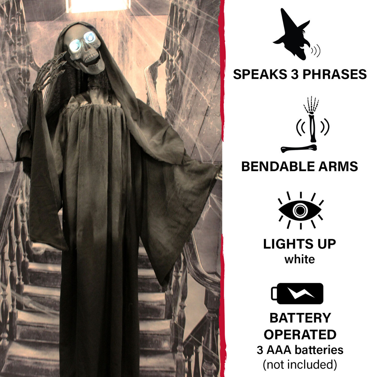 Haunted Hill Farm 63-In. Talking Reaper, Indoor/Outdoor Halloween Decoration, Flashing White Eyes, Poseable, Battery-Operated