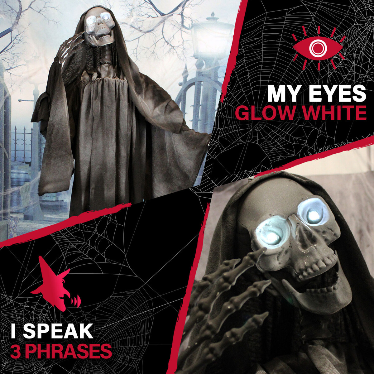 Haunted Hill Farm 63-In. Talking Reaper, Indoor/Outdoor Halloween Decoration, Flashing White Eyes, Poseable, Battery-Operated