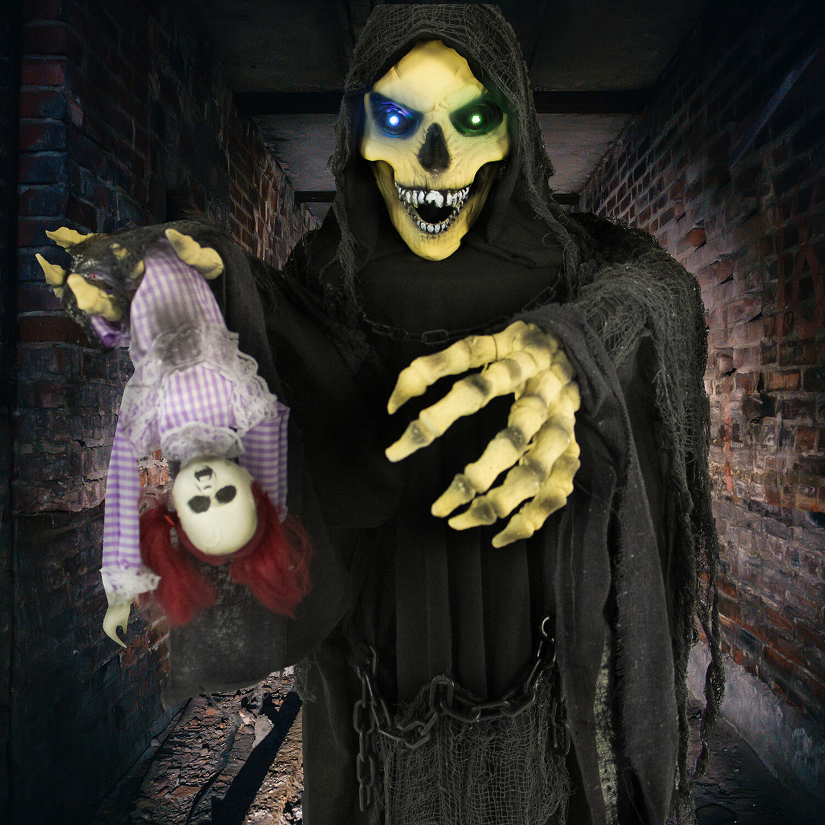 Haunted Hill Farm Life-Size Animatronic Reaper, Indoor/Outdoor Halloween Decoration, Flashing Colorful Eyes, Poseable, Battery-Operated