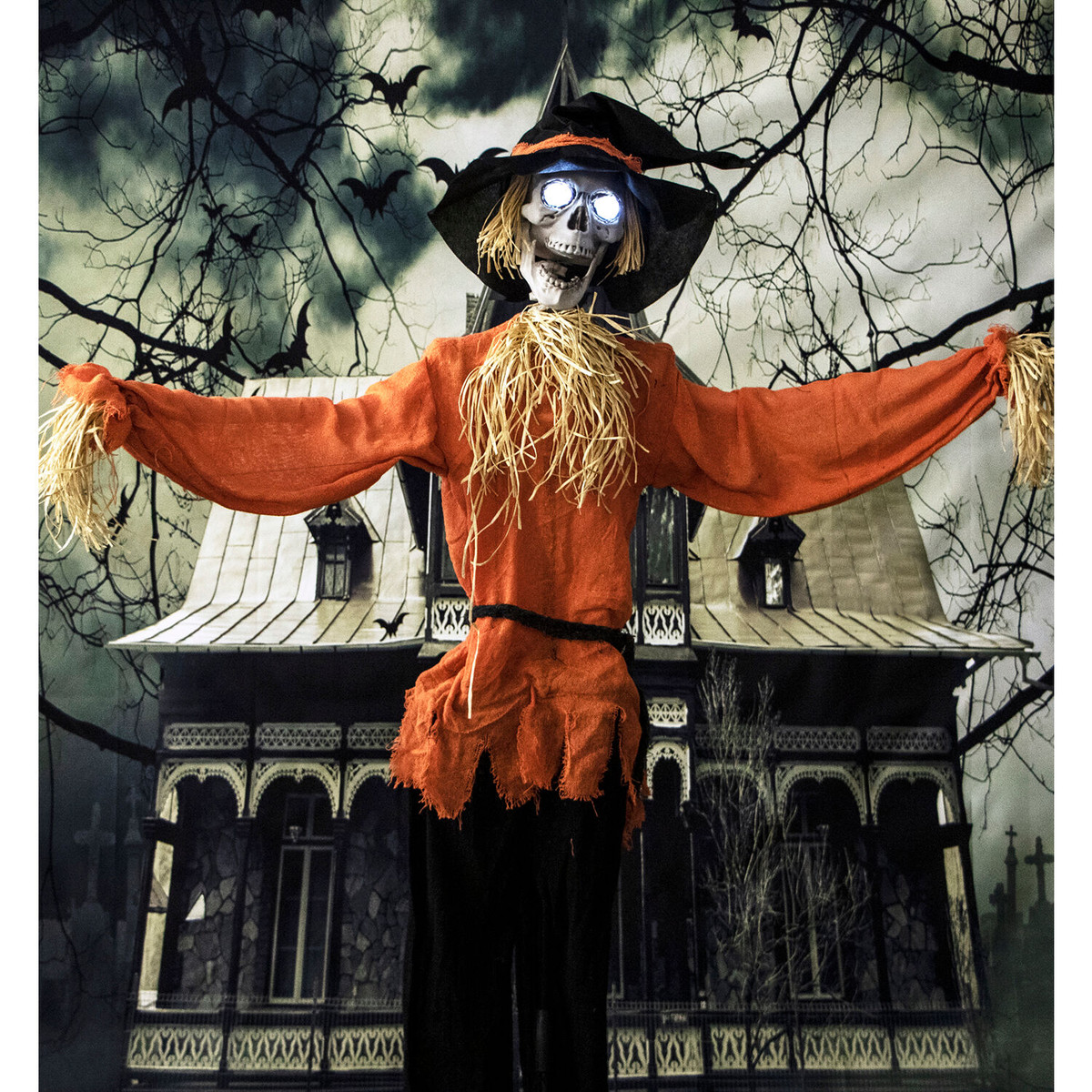 Haunted Hill Farm Hayward the Moaning Skeleton Scarecrow with Rotating Head, Indoor or Covered Outdoor Halloween Decoration, Battery-Operated