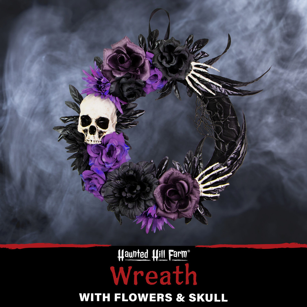 Haunted Hill Farm 17-In. Flower and Skull Wreath, Halloween Door or Wall Decoration, Purple-Black