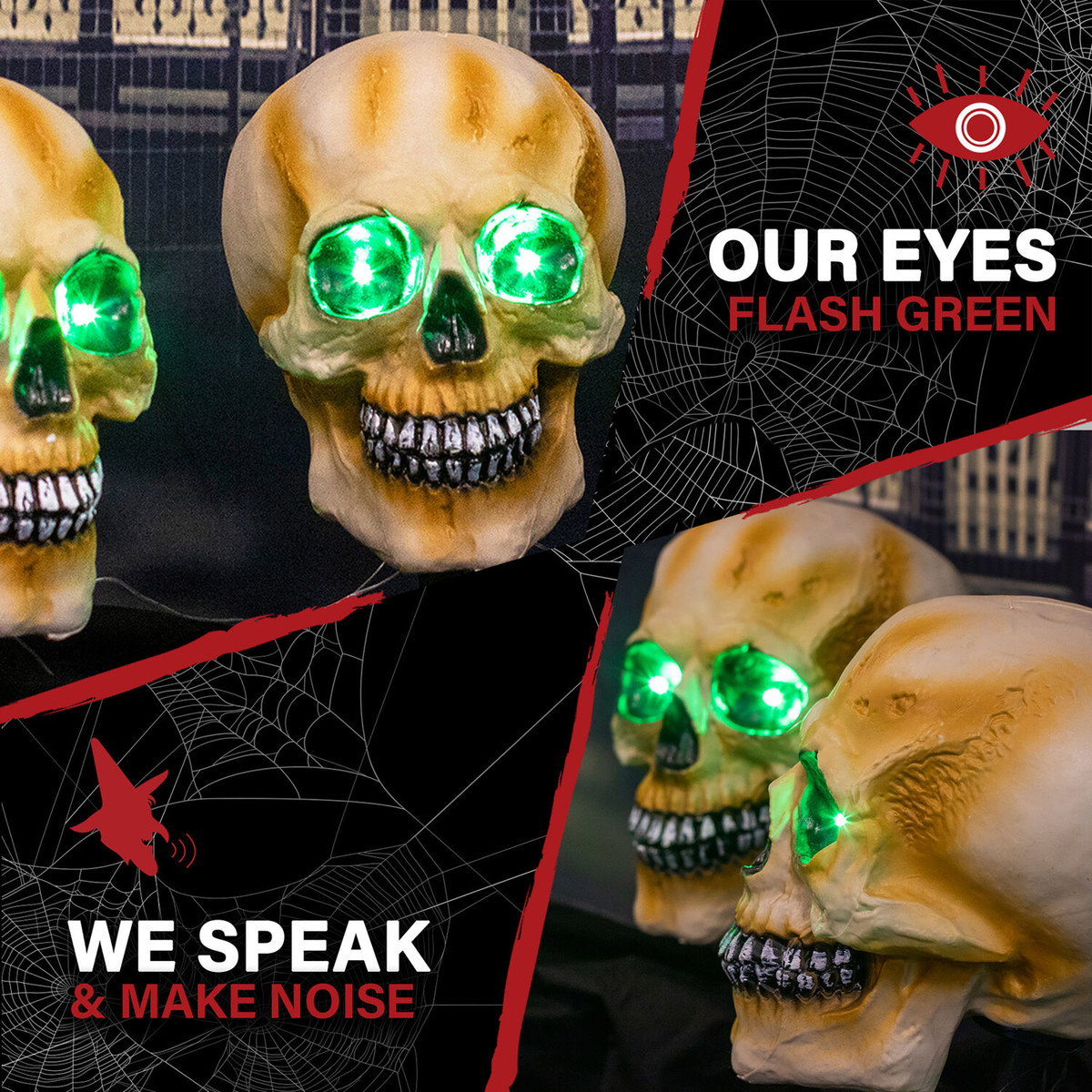 Haunted Hill Farm 3-Piece Talking Skull Lawn Stakes with Flashing Eyes and Spooky Sounds, Outdoor Halloween Decoration, Battery Operated