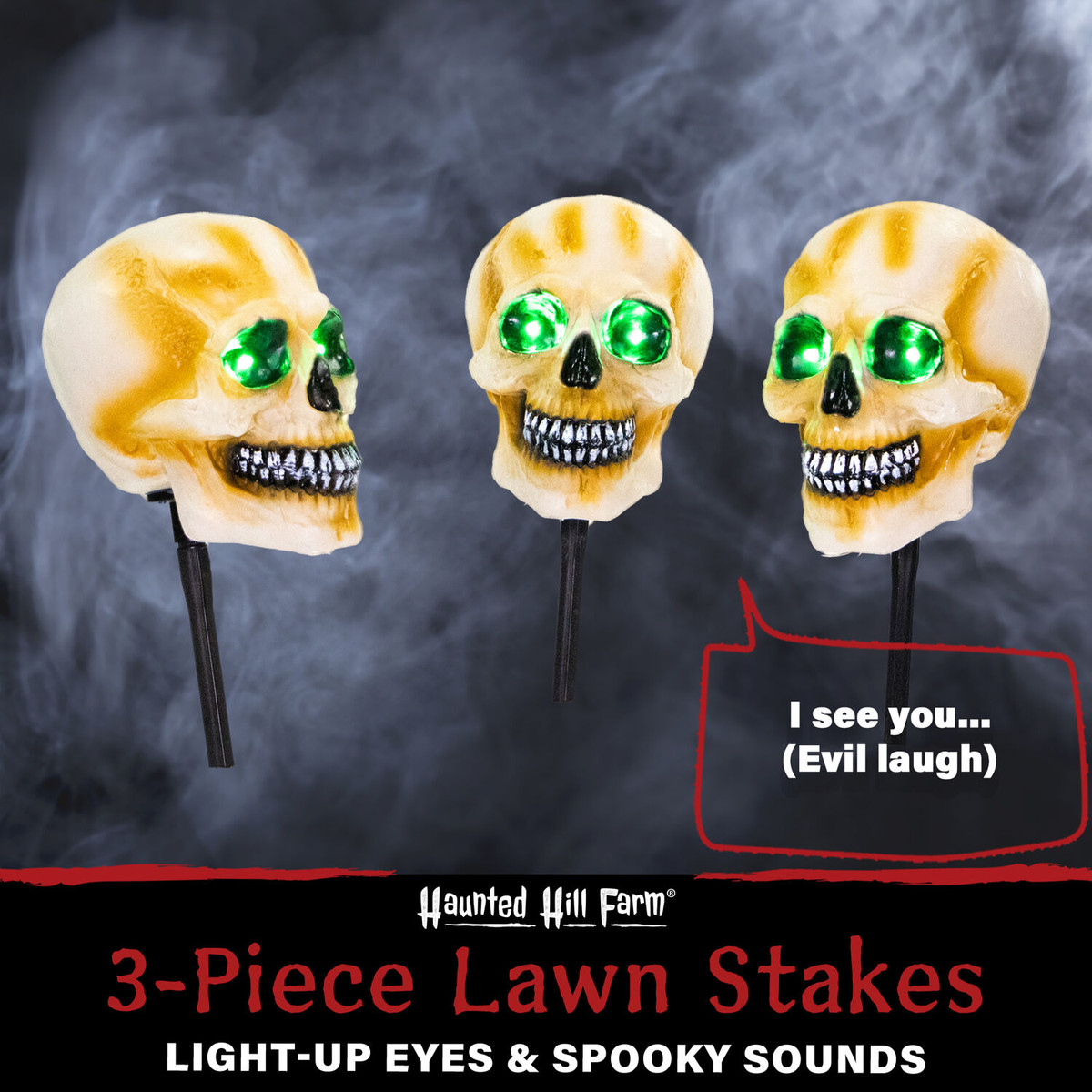 Haunted Hill Farm 3-Piece Talking Skull Lawn Stakes with Flashing Eyes and Spooky Sounds, Outdoor Halloween Decoration, Battery Operated