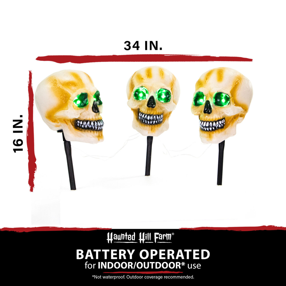 Haunted Hill Farm 3-Piece Talking Skull Lawn Stakes with Flashing Eyes and Spooky Sounds, Outdoor Halloween Decoration, Battery Operated