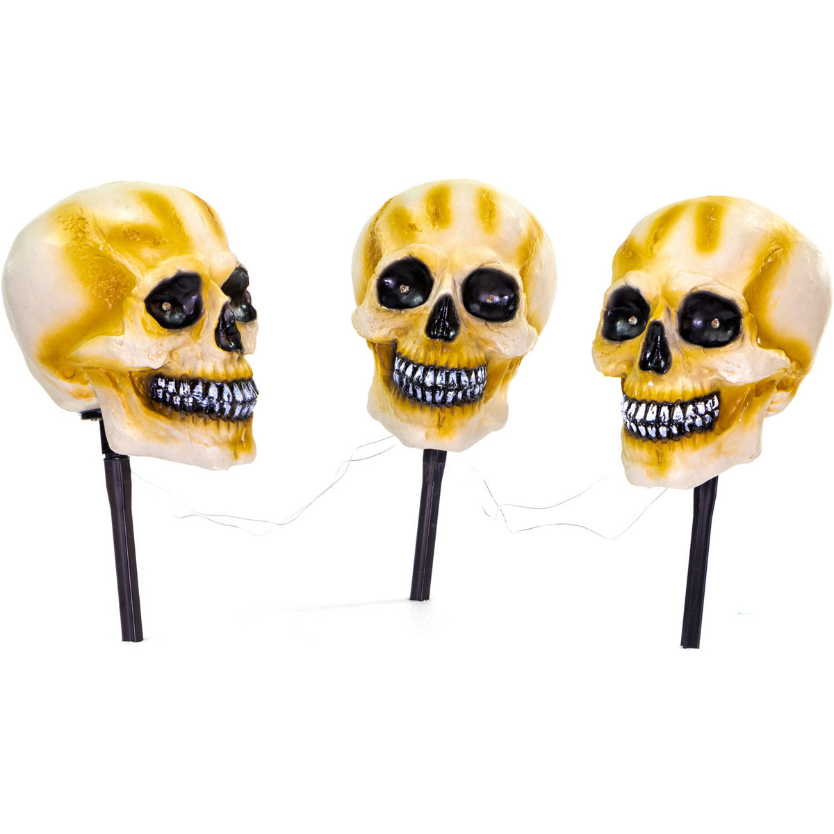 Haunted Hill Farm 3-Piece Talking Skull Lawn Stakes with Flashing Eyes and Spooky Sounds, Outdoor Halloween Decoration, Battery Operated
