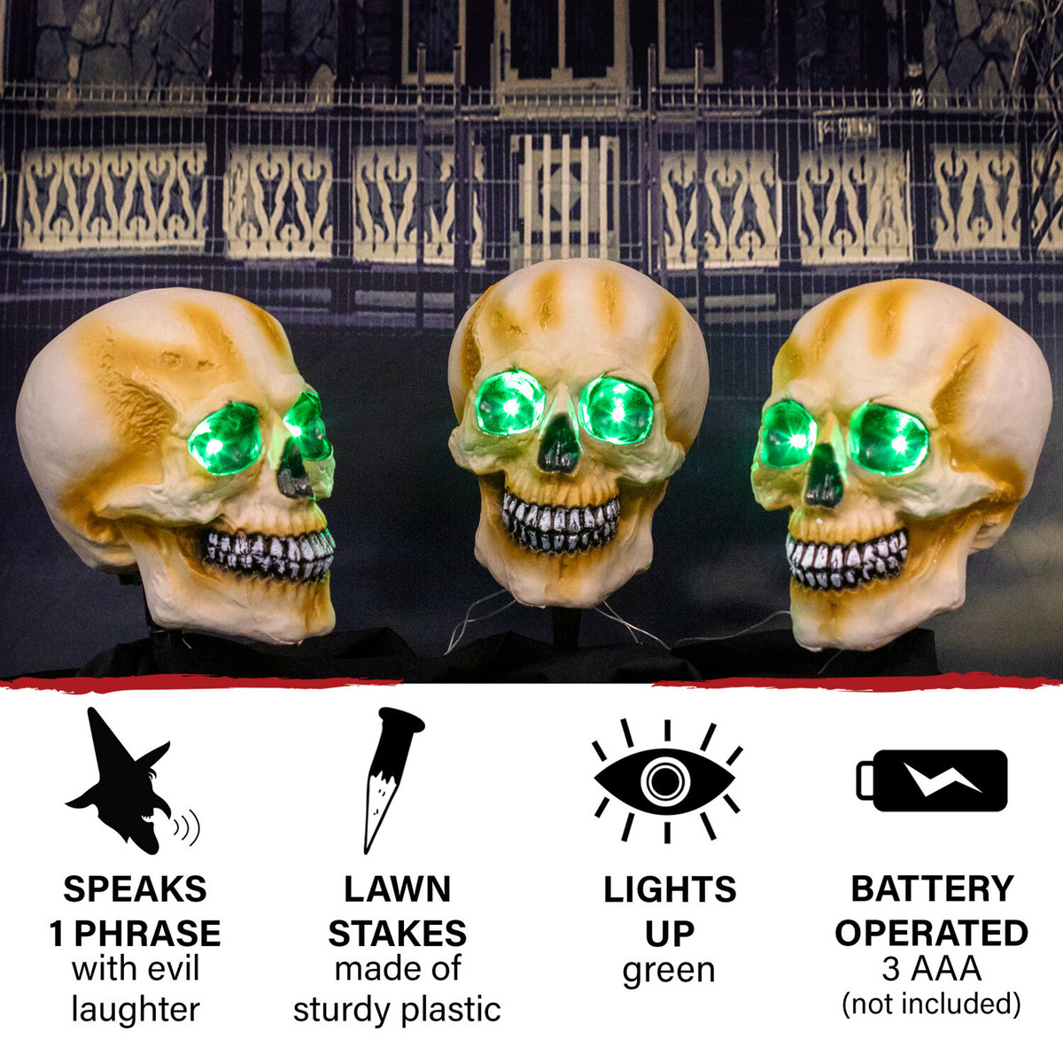 Haunted Hill Farm 3-Piece Talking Skull Lawn Stakes with Flashing Eyes and Spooky Sounds, Outdoor Halloween Decoration, Battery Operated
