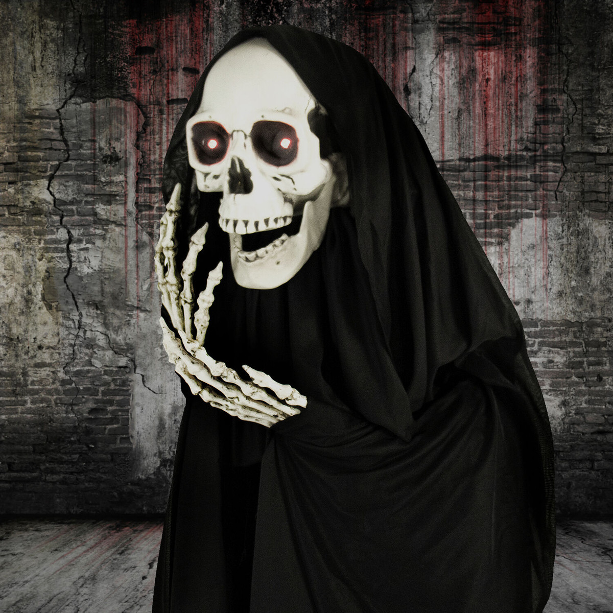 Haunted Hill Farm Life-Size Animatronic Reaper, Indoor/Outdoor Halloween Decoration, Light-up Red Eyes, Poseable, Battery-Operated