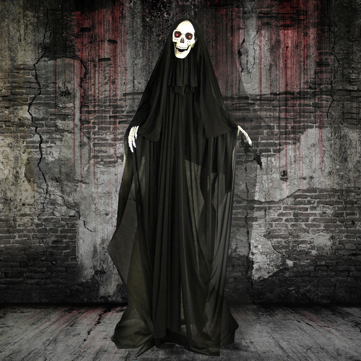 Haunted Hill Farm Life-Size Animatronic Reaper, Indoor/Outdoor Halloween Decoration, Light-up Red Eyes, Poseable, Battery-Operated