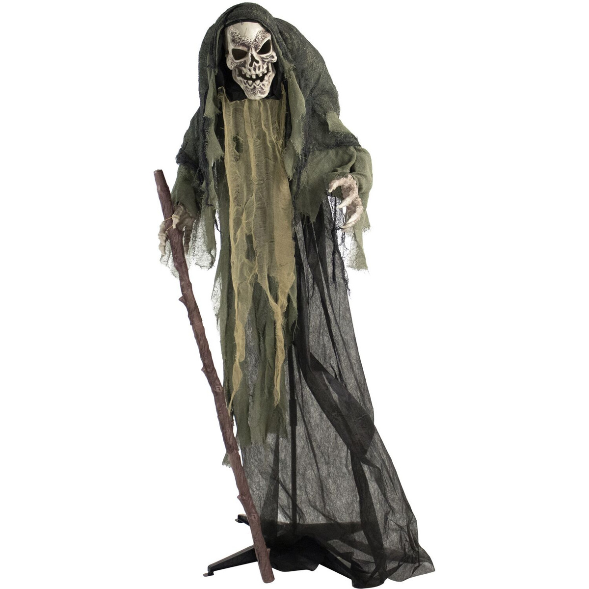 Haunted Hill Farm Life-Size Animatronic Reaper Indoor/Outdoor Halloween Decoration, Flashing Red Eyes, Poseable, Battery-Operated