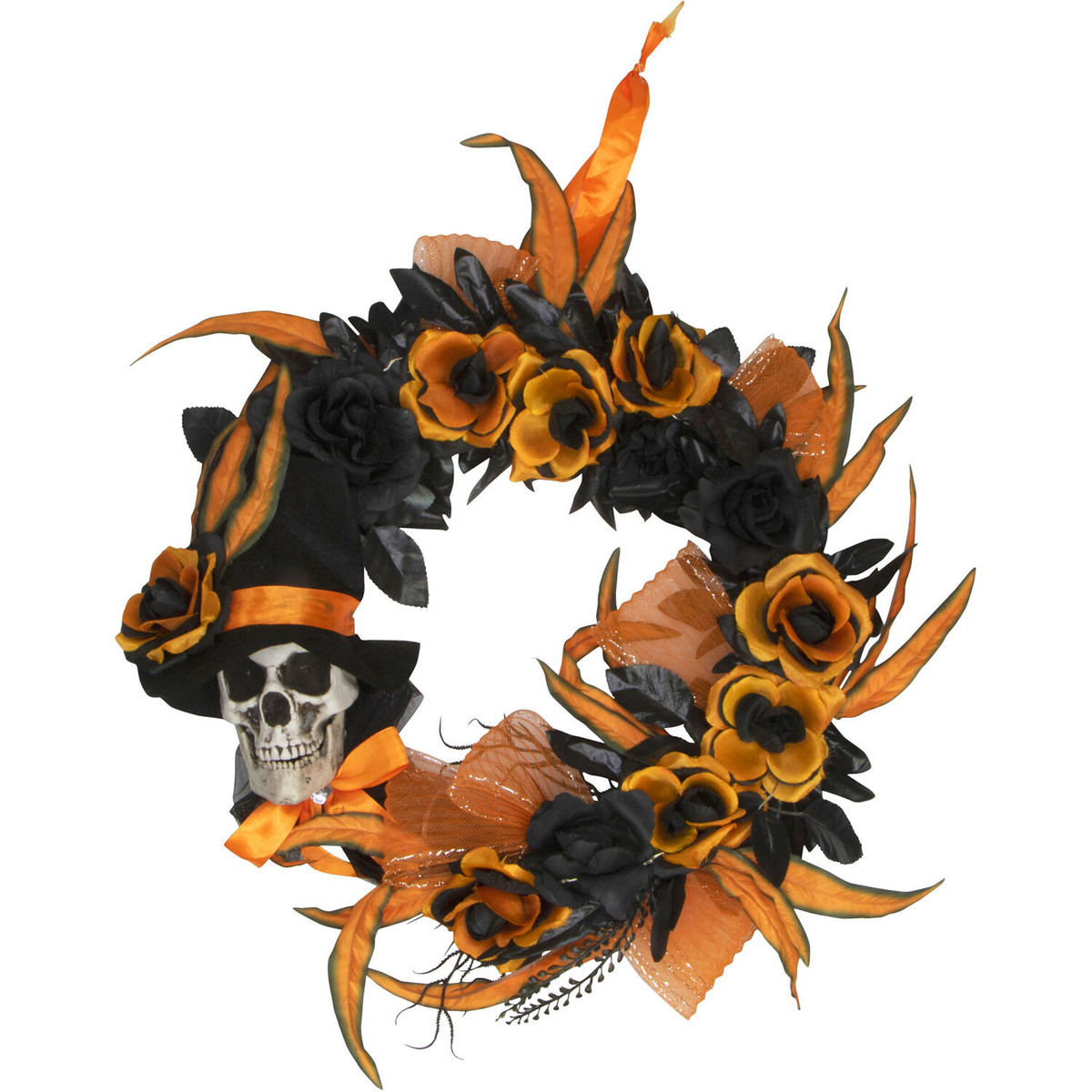 Haunted Hill Farm 17.7-In. Prelit Flower and Skull Wreath, Halloween Door or Wall Decoration, Battery Operated, Orange-Black-Purple