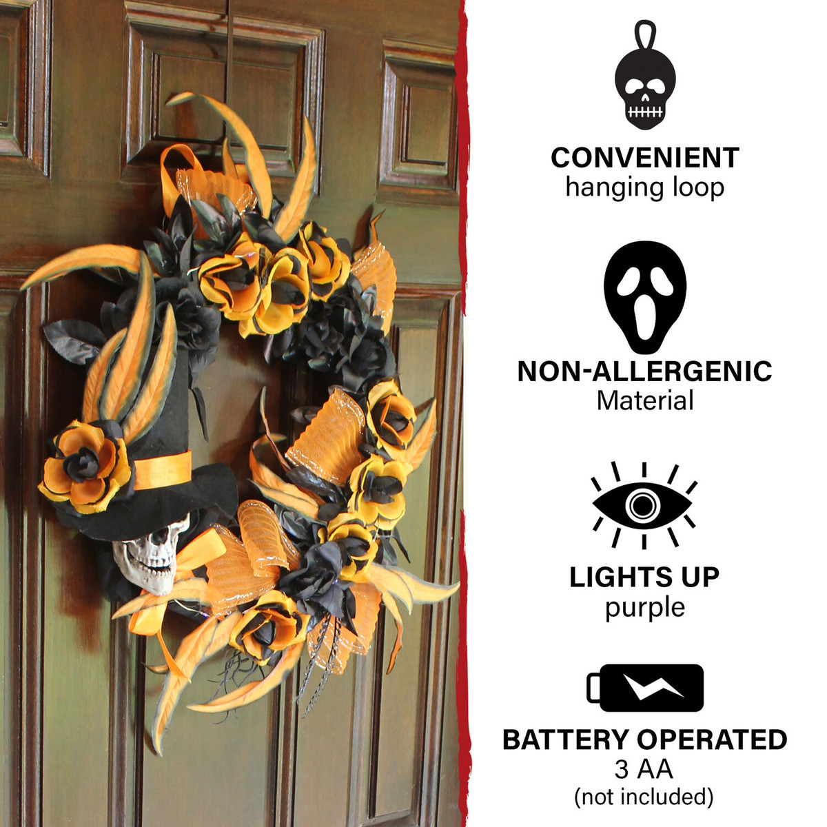 Haunted Hill Farm 17.7-In. Prelit Flower and Skull Wreath, Halloween Door or Wall Decoration, Battery Operated, Orange-Black-Purple