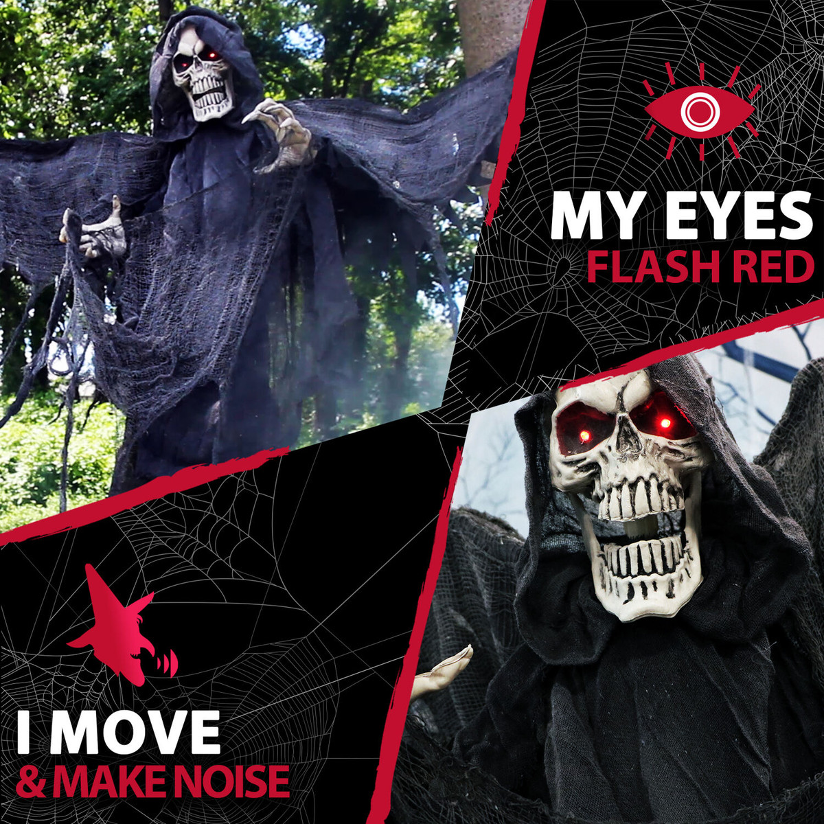 Haunted Hill Farm Life-Size Animatronic Reaper, Indoor/Outdoor Halloween Decoration, Flashing Red Eyes, Poseable, Battery-Operated