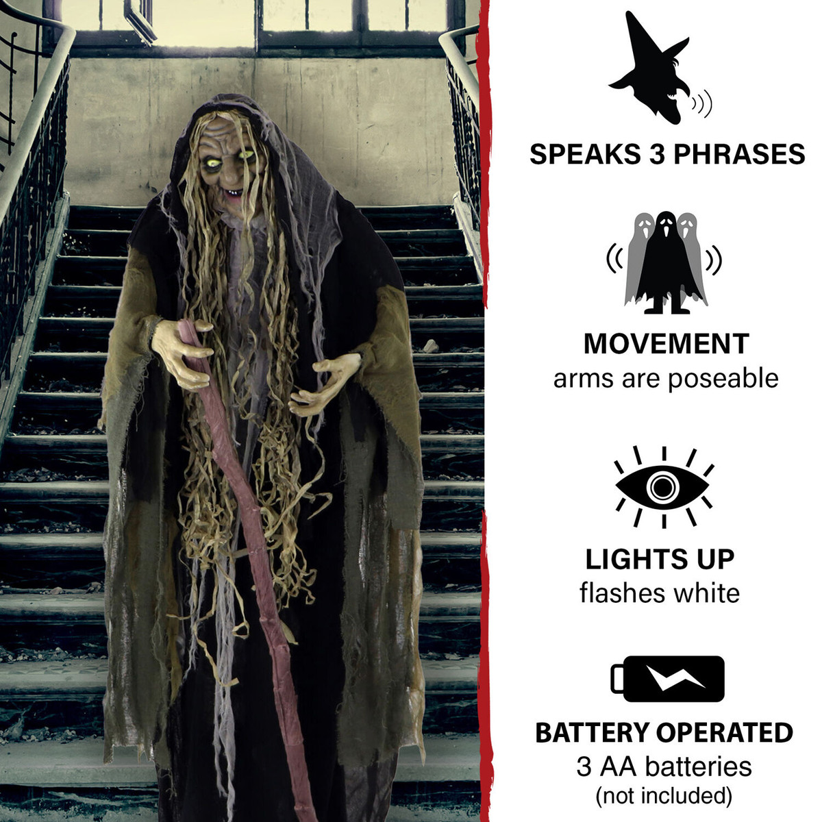 Haunted Hill Farm 68-In. Animatronic Witch with a Staff, Indoor or Covered Outdoor Halloween Decoration, Light-up White Eyes, Battery-Operated