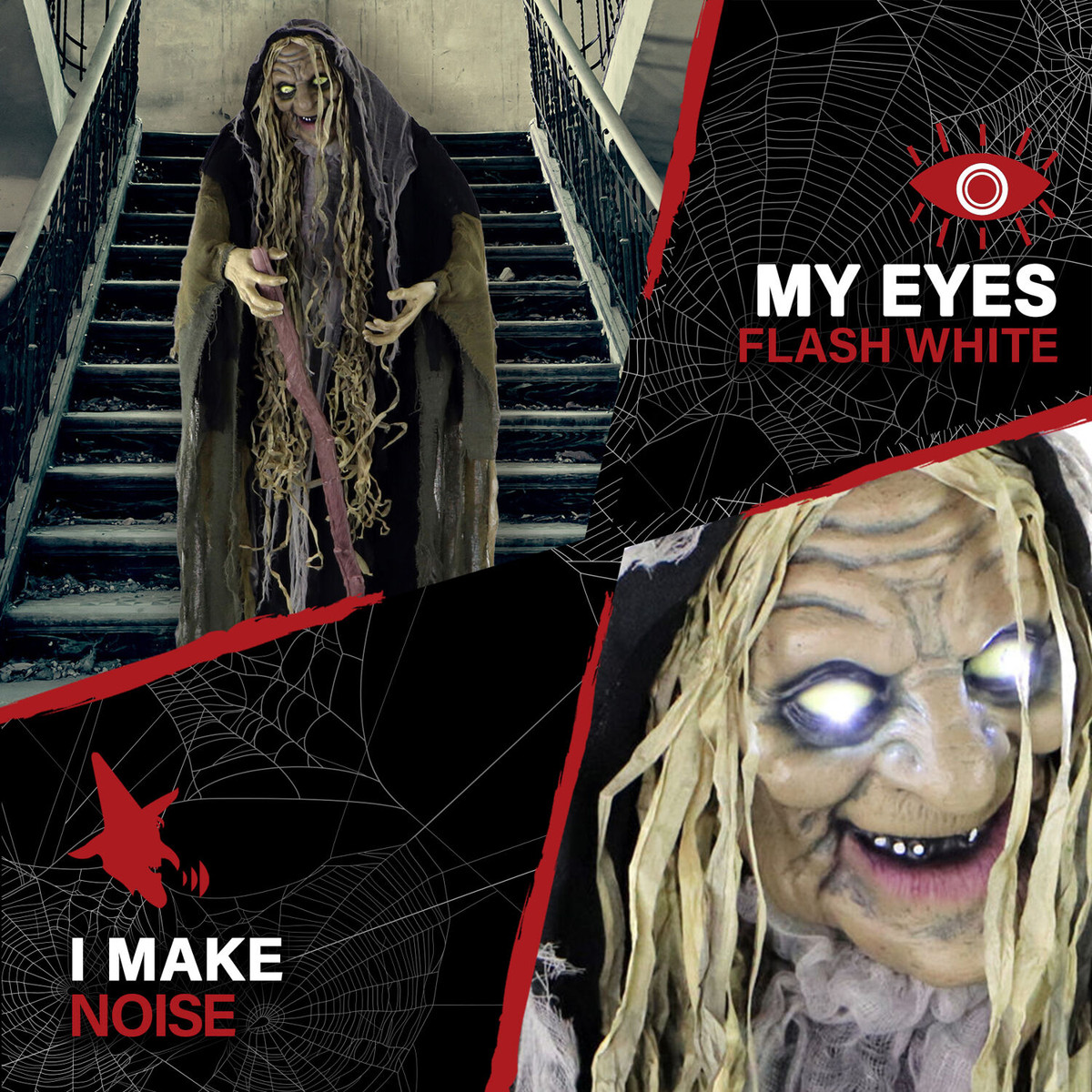 Haunted Hill Farm 68-In. Animatronic Witch with a Staff, Indoor or Covered Outdoor Halloween Decoration, Light-up White Eyes, Battery-Operated