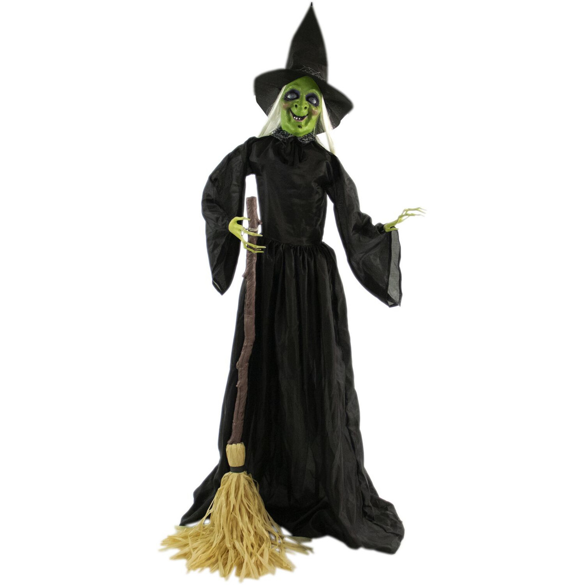Haunted Hill Farm 71-In. Animatronic Witch with Broomstick, Indoor or Covered Outdoor Halloween Decoration, Talking, Poseable, Battery-Operated