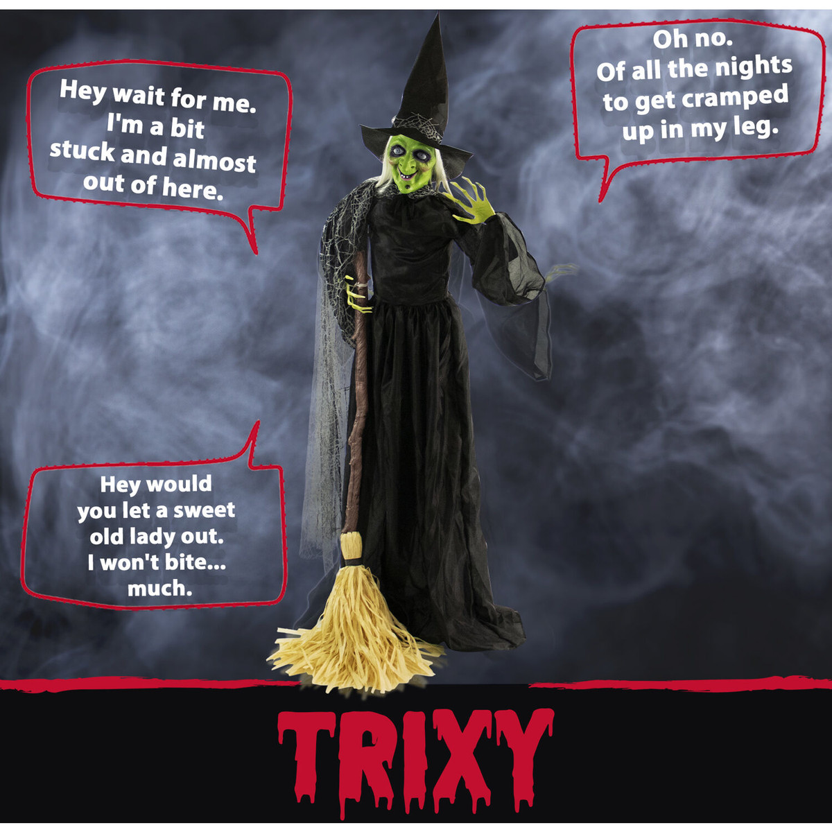 Haunted Hill Farm 71-In. Animatronic Witch with Broomstick, Indoor or Covered Outdoor Halloween Decoration, Talking, Poseable, Battery-Operated