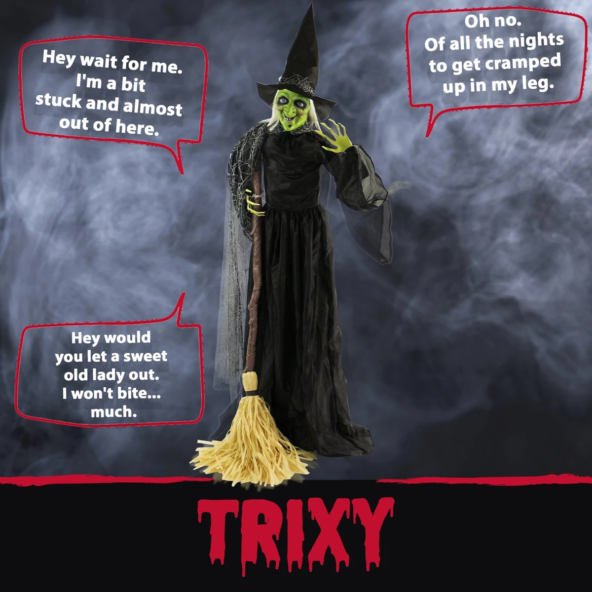 5.9-Ft. Animatronic Witch w/ Broomstick, Indoor or Covered Outdoor Halloween Decoration, Talking, Poseable, Battery-Operated