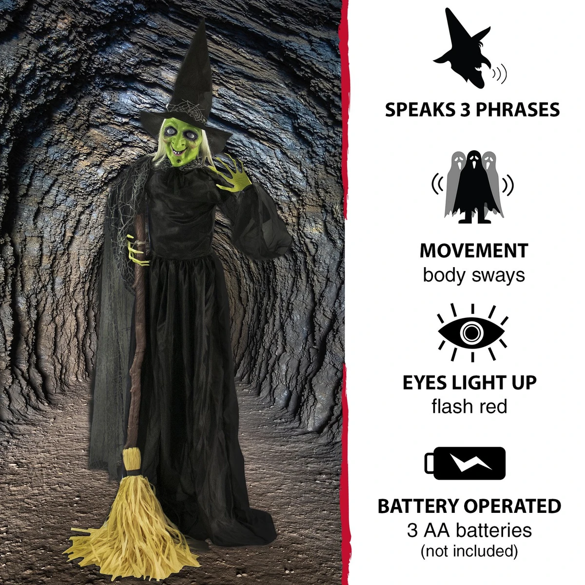 5.9-Ft. Animatronic Witch w/ Broomstick, Indoor or Covered Outdoor Halloween Decoration, Talking, Poseable, Battery-Operated
