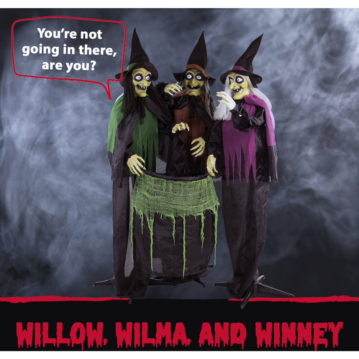Haunted Hill Farm Life-Size Animatronic Witches, Indoor/Outdoor Halloween Decoration, Light-up Eyes, Poseable, Battery-Operated