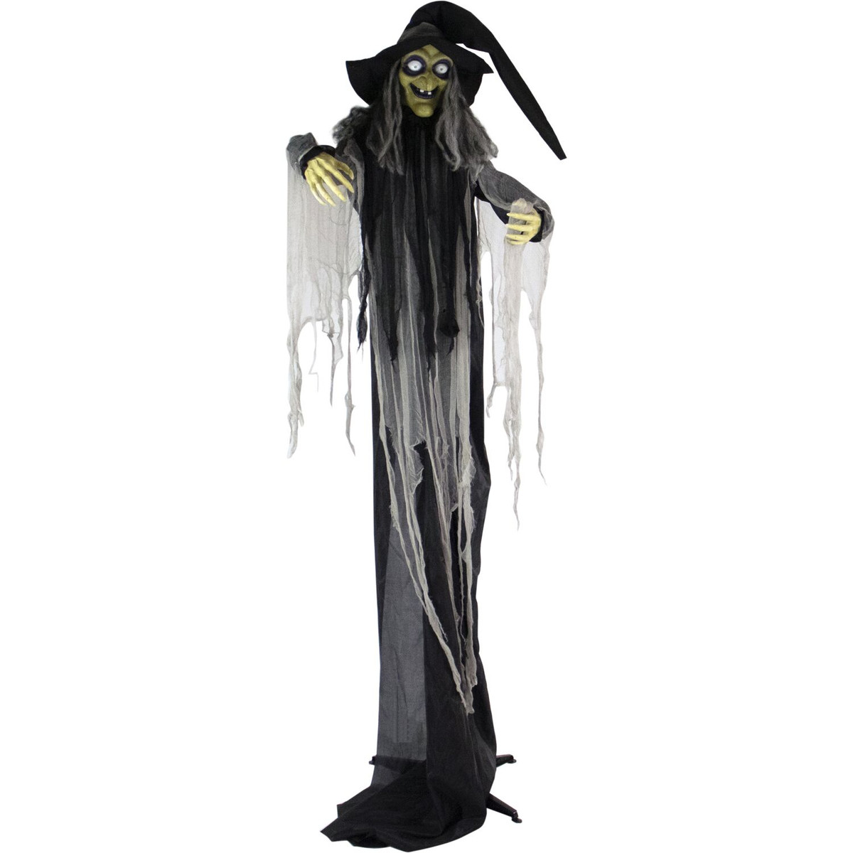Haunted Hill Farm 9.5-Ft. Animatronic Witch, Indoor or Covered Outdoor Halloween Decoration, Light-up White Eyes, Poseable, Battery-Operated