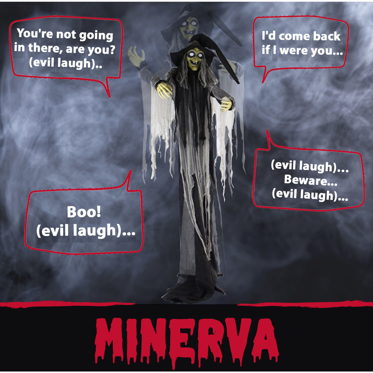 Haunted Hill Farm 9.5-Ft. Animatronic Witch, Indoor or Covered Outdoor Halloween Decoration, Light-up White Eyes, Poseable, Battery-Operated