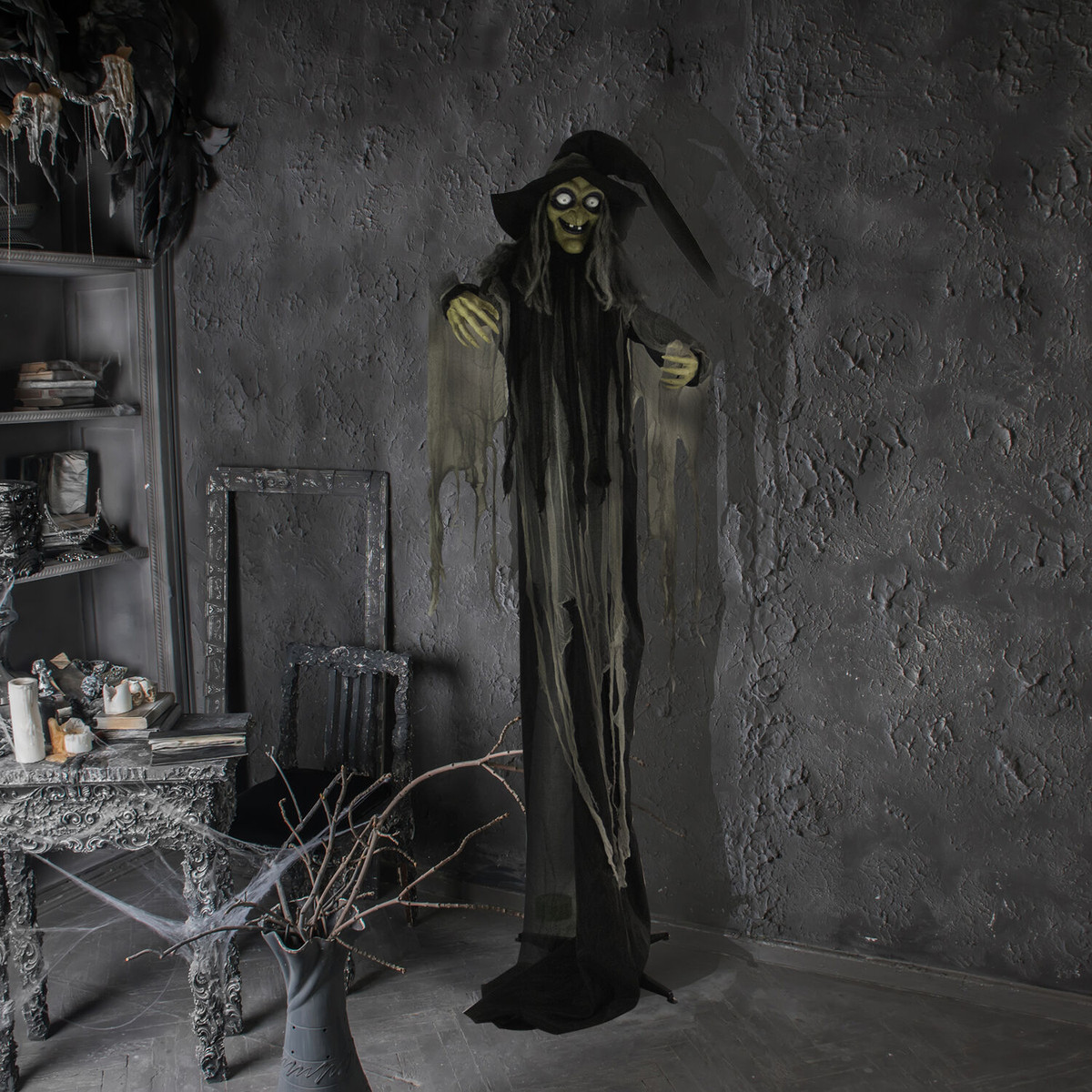 Haunted Hill Farm 9.5-Ft. Animatronic Witch, Indoor or Covered Outdoor Halloween Decoration, Light-up White Eyes, Poseable, Battery-Operated