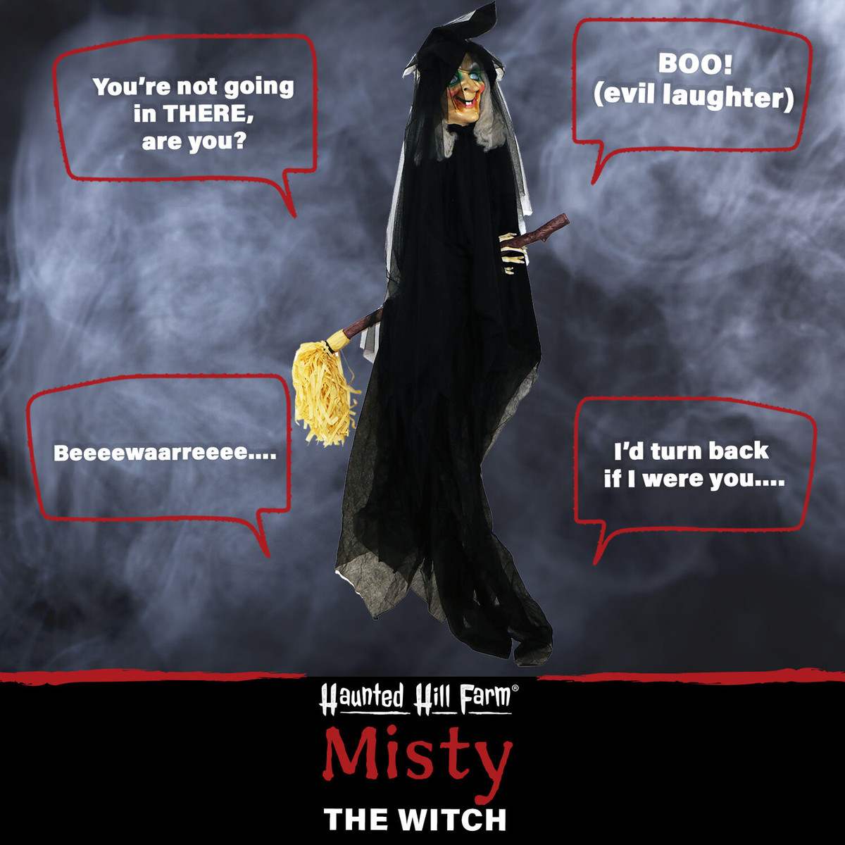 Haunted Hill Farm 6.5 ft. Witch on Broom, Indoor/Covered Outdoor Halloween Decoration, LED Red Eyes, Battery-Operated, Misty