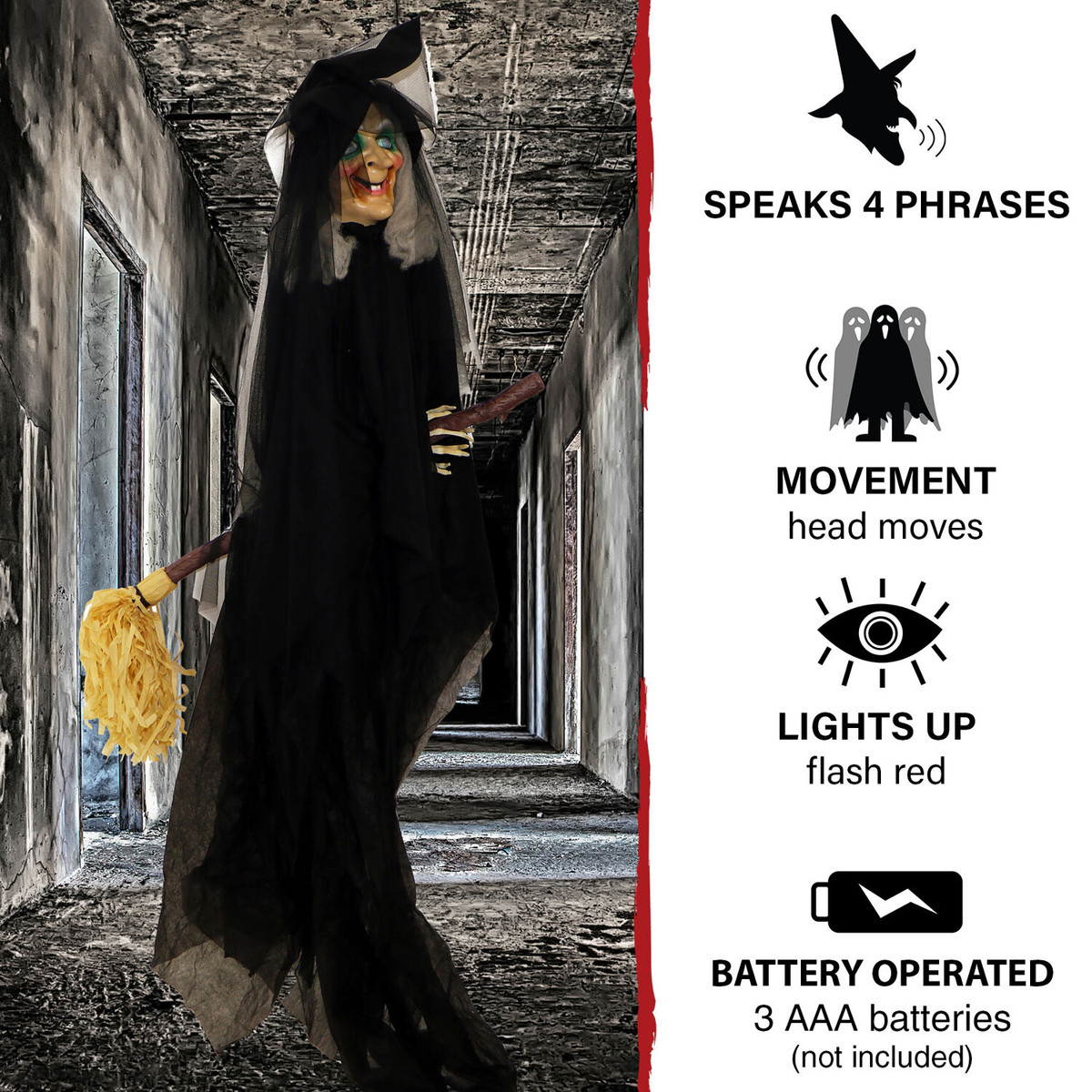 Haunted Hill Farm 6.5 ft. Witch on Broom, Indoor/Covered Outdoor Halloween Decoration, LED Red Eyes, Battery-Operated, Misty