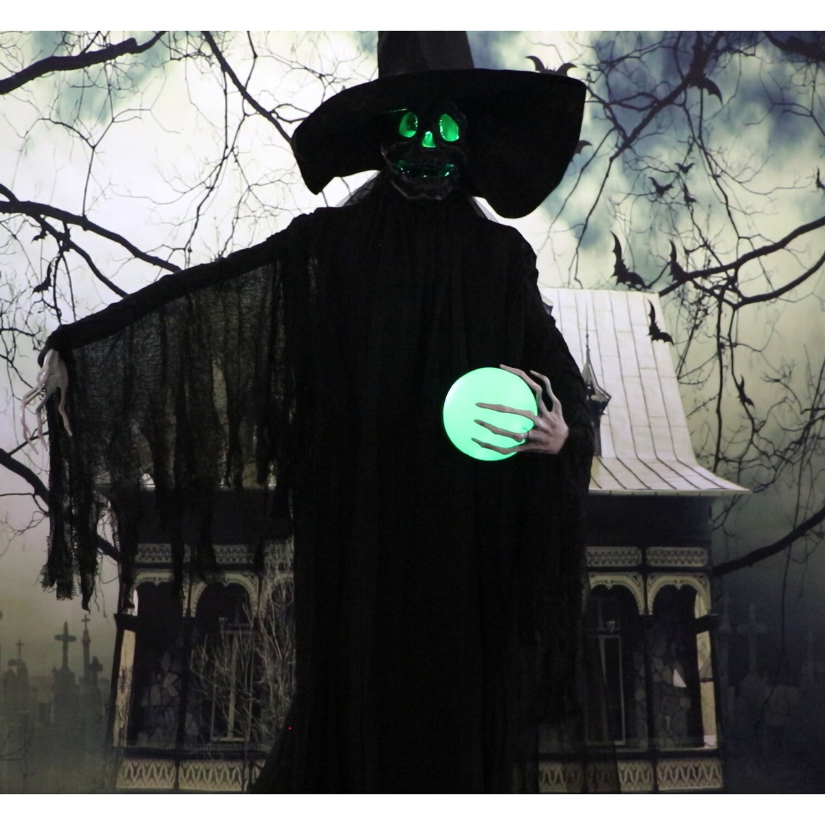 Haunted Hill Farm Mallory the Phantom Witch with Multi-Color Crystal Ball, Indoor or Covered Outdoor Halloween Decoration, Battery-Operated