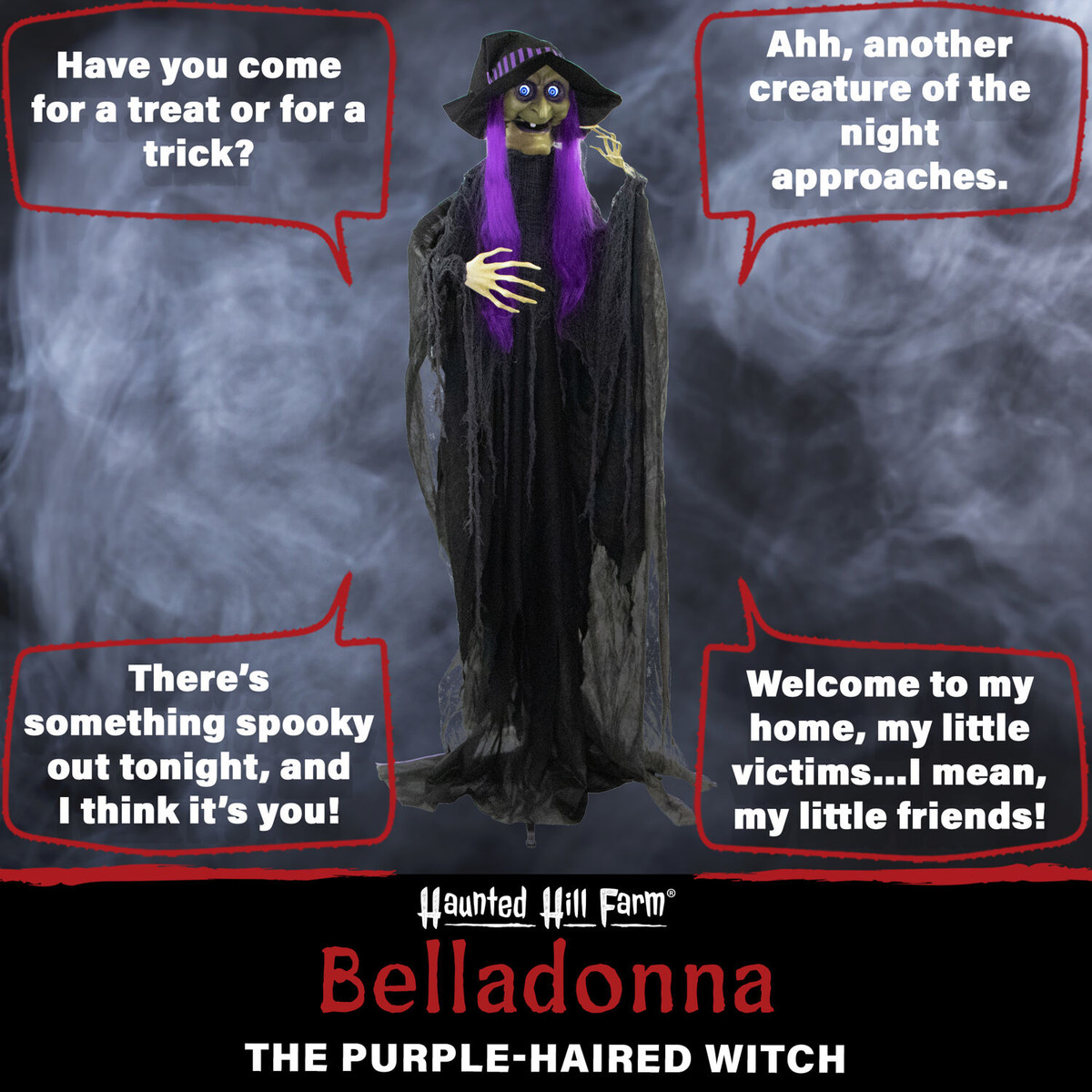 Haunted Hill Farm 6-Ft. Belladonna the Purple-Haired Witch with Animated Eyes, Indoor or Covered Outdoor Halloween Decoration, Battery Operated