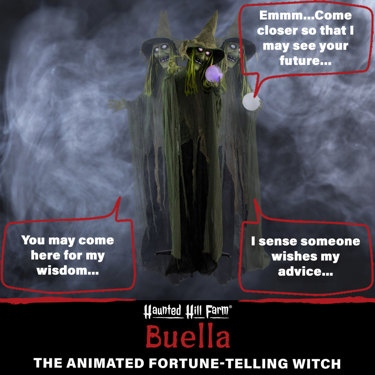 Haunted Hill Farm 6-Ft. Buella the Animatronic Fortune-Telling Witch, Indoor or Covered Outdoor Halloween Decoration, Battery Operated