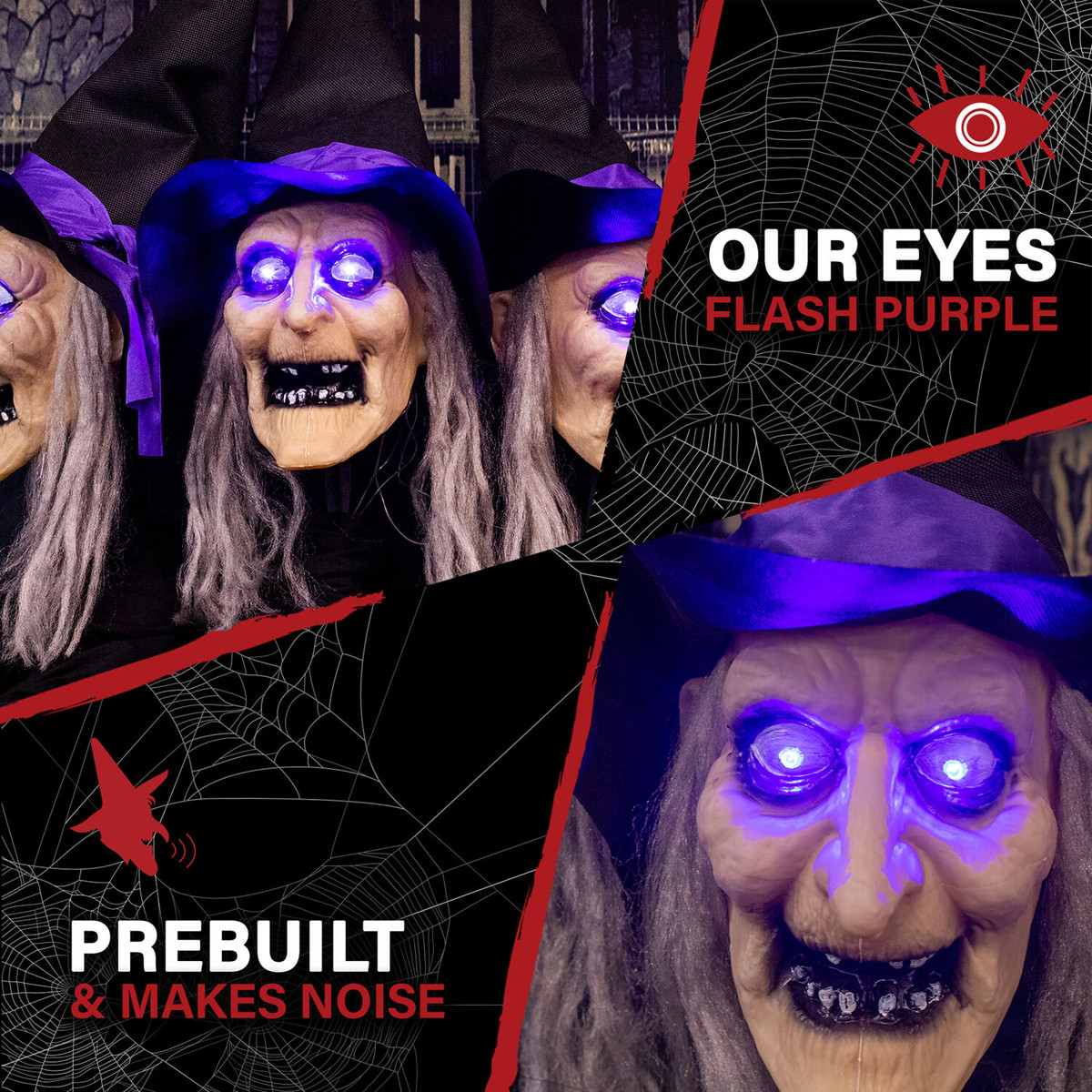 Haunted Hill Farm 3-Piece Witch Lawn Stakes with Flashing Eyes and Spooky Sounds, Outdoor Halloween Decoration, Battery Operated
