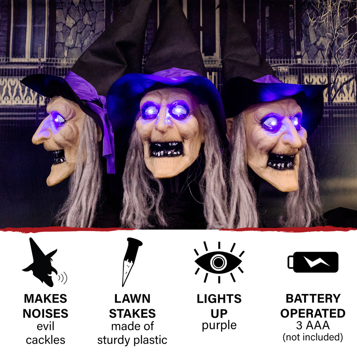 Haunted Hill Farm 3-Piece Witch Lawn Stakes with Flashing Eyes and Spooky Sounds, Outdoor Halloween Decoration, Battery Operated