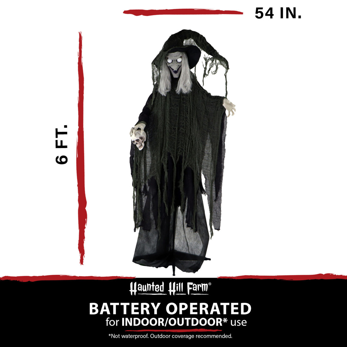 Haunted Hill Farm Edith the Talking Animatronic Witch with Shrunken Skull, Indoor or Covered Outdoor Halloween Decoration, Battery-Operated