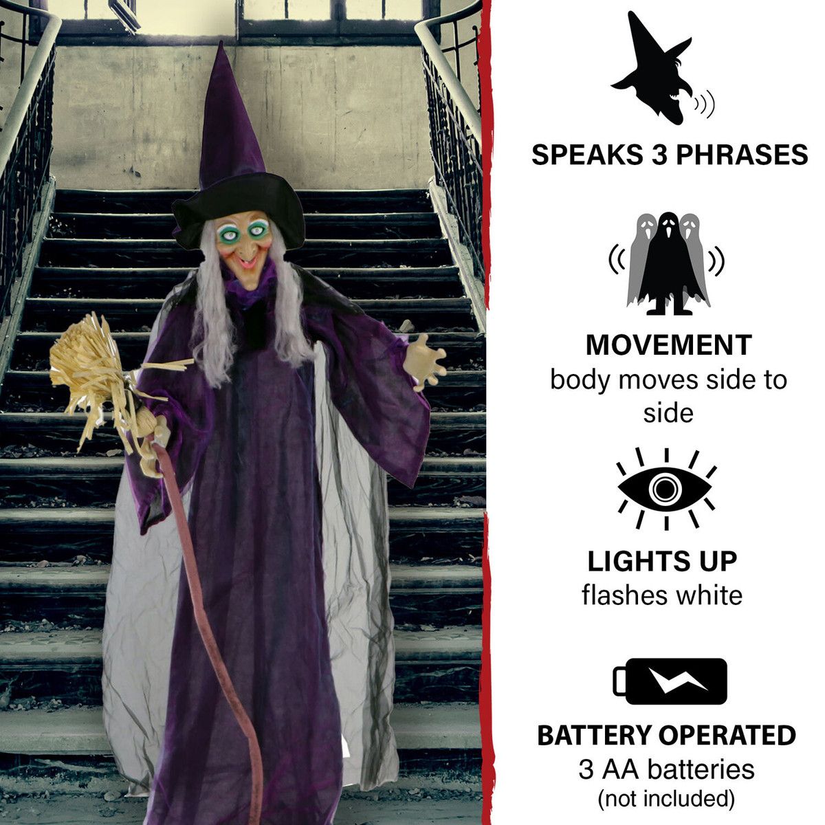 Haunted Hill Farm Sinthia the Animatronic Talking Witch with a Broomstick, Indoor or Covered Outdoor Halloween Decoration, Battery-Operated