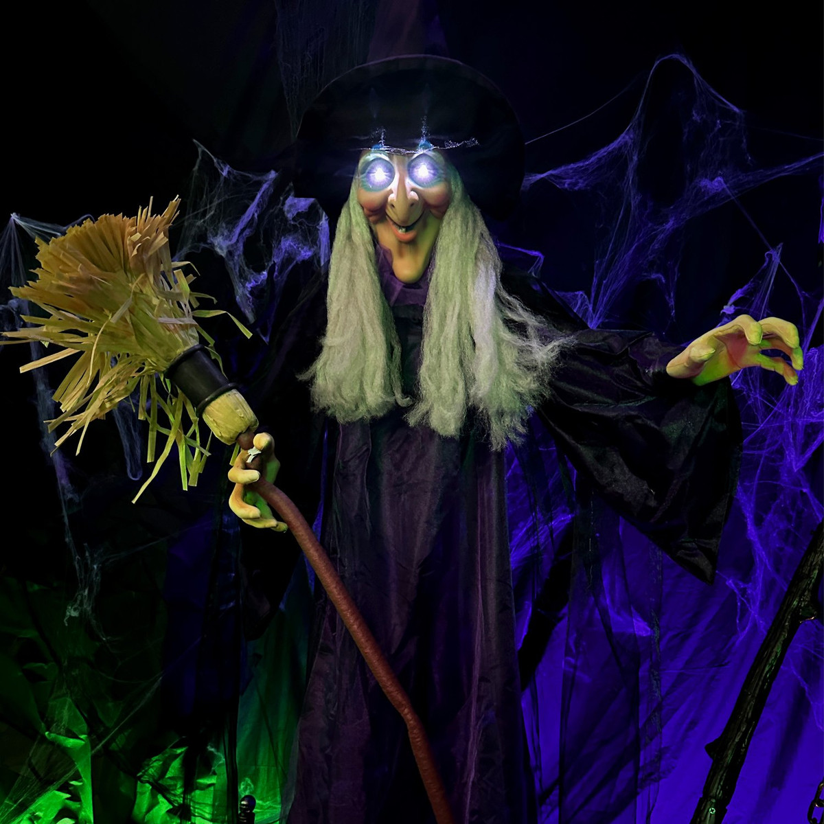 6-Ft. Animatronic Witch with Broomstick, Lights and Sound, Indoor/Covered Outdoor Halloween Decoration